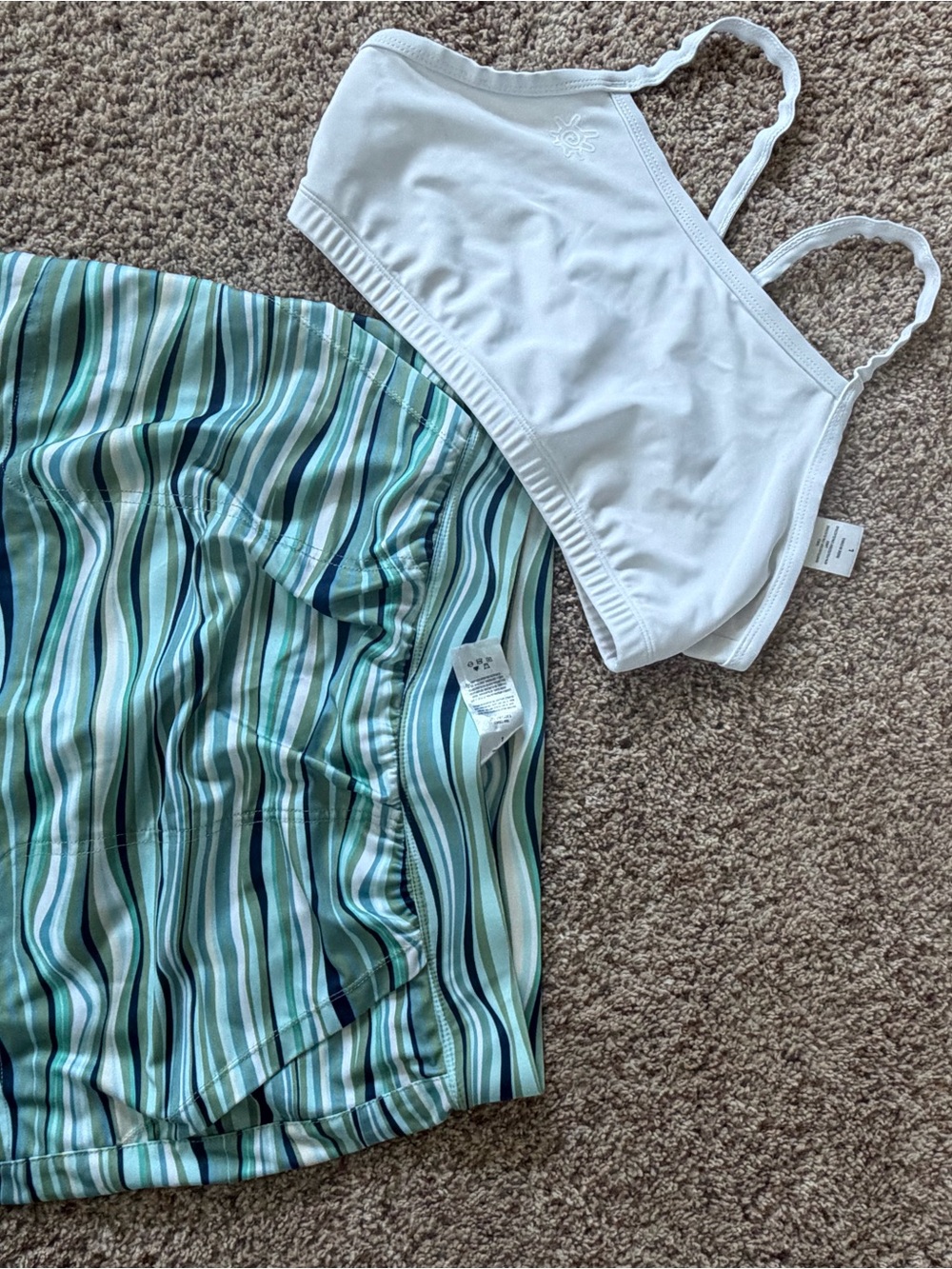 UV Skinz White Crop Bikini Top with Mint & Teal Striped Swim Skirt Set